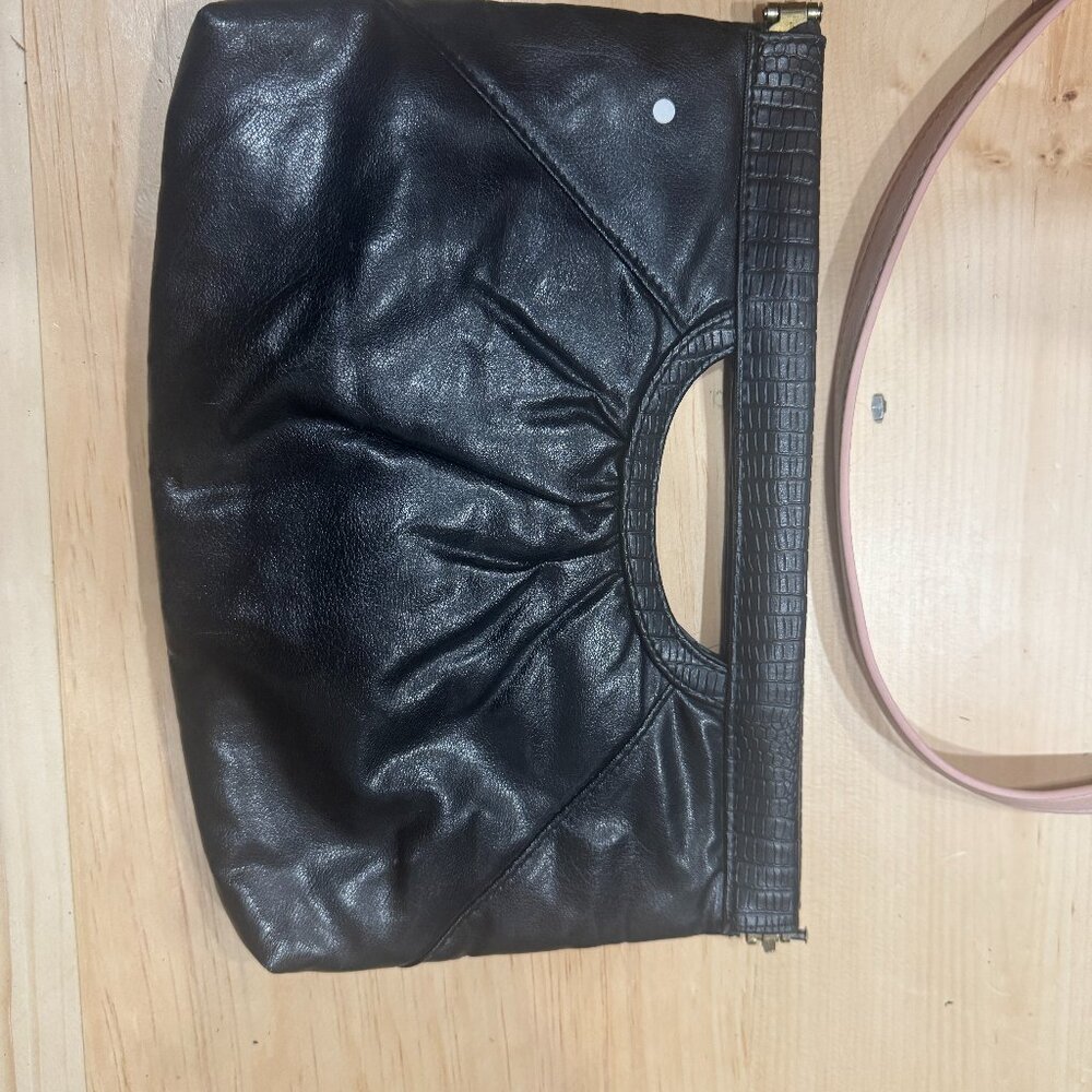 Vintage Black Genuine Leather Clasp Purse Clutch Handbag Structured Top Gold